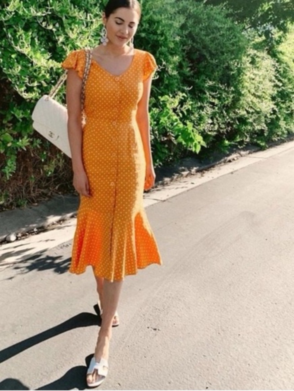 Rachel Parcell Orange Polka Dot Button Front Midi Dress Sz S Cottage Linen Blend